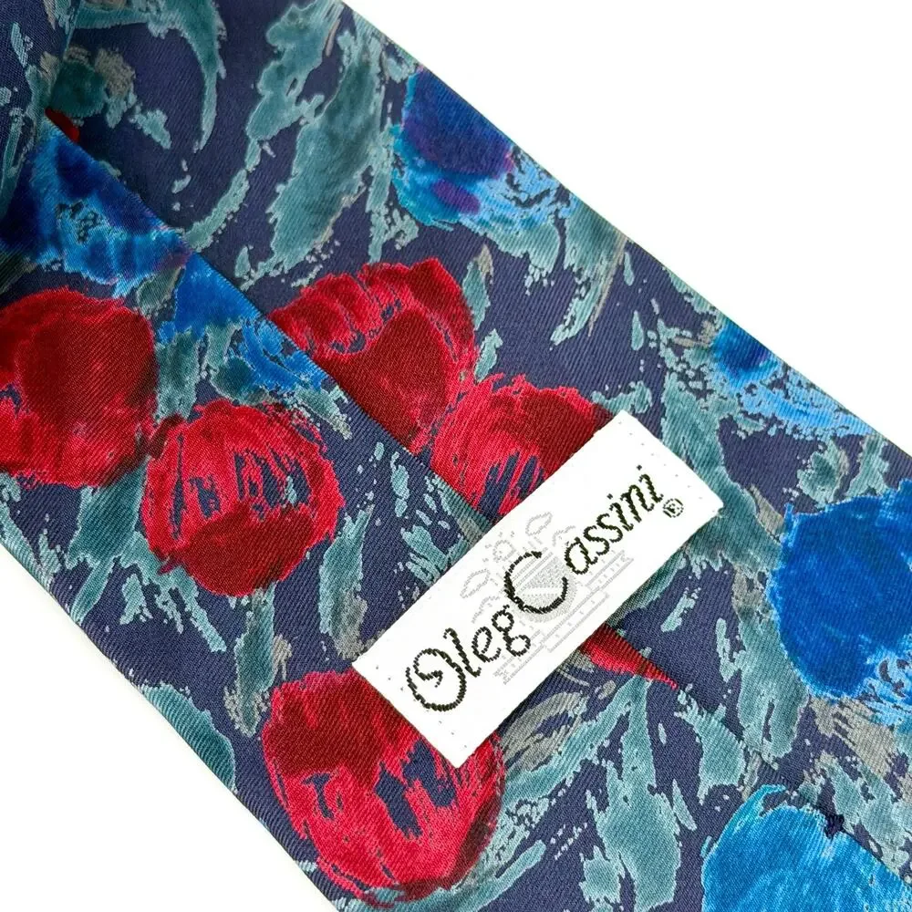 Vintage 90s Oleg Cassini Blue Red 100% Silk Floral Necktie
